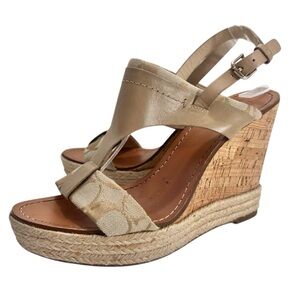 Coach Khaki Leather Signature Canvas Mendez Cork Wedges Sandals
